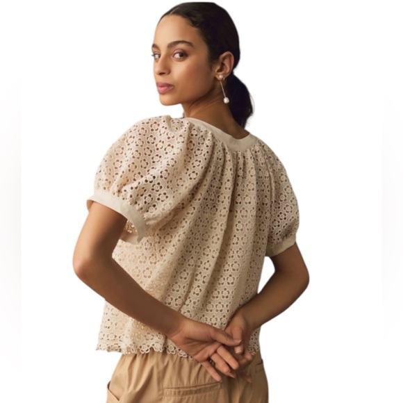 NWT Blue Tassel Puff-Sleeve Lace Blouse Embroidered Floral in Ivory Cream - Picture 12 of 12